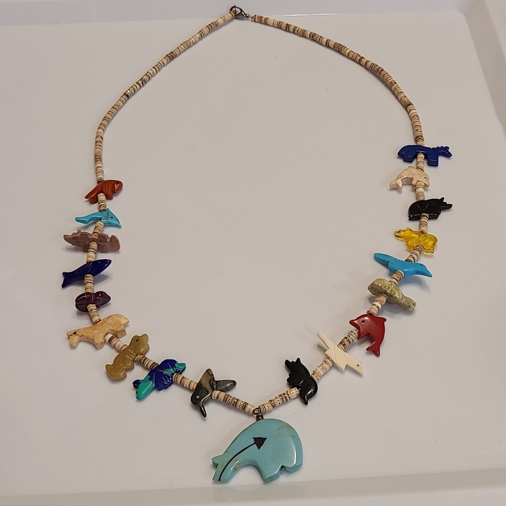 Vintage Zuni Heishi Carved Fetish Necklace Native American Sterling Silver Clasp